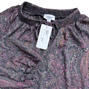 NEW Evereve Paisley Blouse‎ Smocked Neck Long Sleeve Top Navy Orchid L